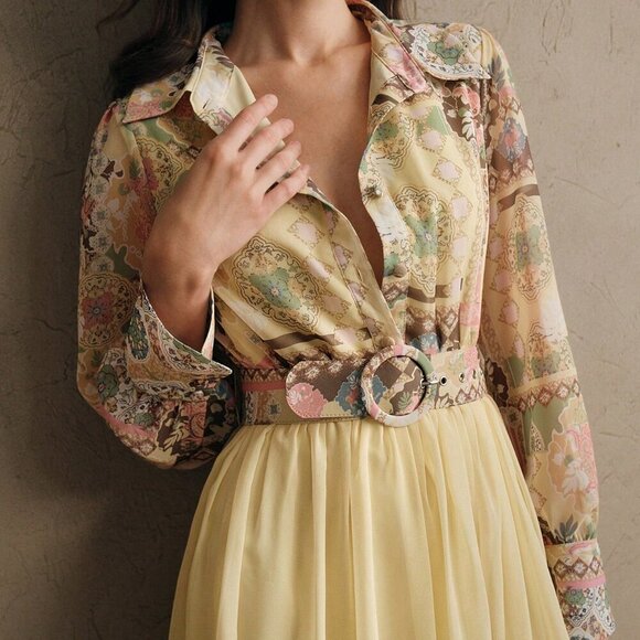 Yellow Boho Women's Floral Print Sleeve Cinched Waist Maxi Dress - Picture 2 of 7